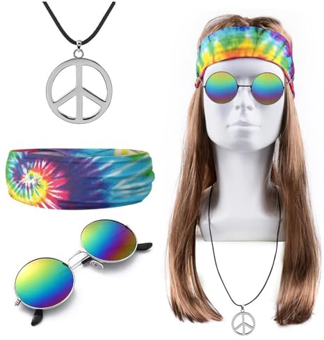 DKDDSSS 4 Stück Hippie Kostüm Set, Hippie Accessoires, Hippie Kostüm Damen Herren, Hippie Perücke Sonnenbrille Peace Halskette Anhänger Batik Stirnband Accessories