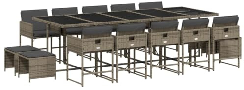 vidaXL Garten Essgruppe 15-TLG., Gartenmöbel Set mit Kissen, Gartengarnitur Tisch 10 Stühle 4 Hocker, Sitzgruppe Sitzgarnitur, Grau Poly Rattan