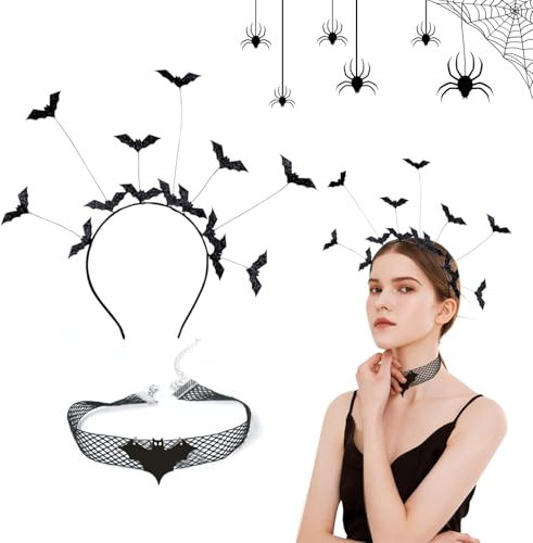 Wondora Cerchietto di Halloween con Ragnatela, set di Collane con Cerchietto di mazza, Copricapo di Halloween a Forma di mazza, Collana di Pizzo di mazza (pipistrelli)