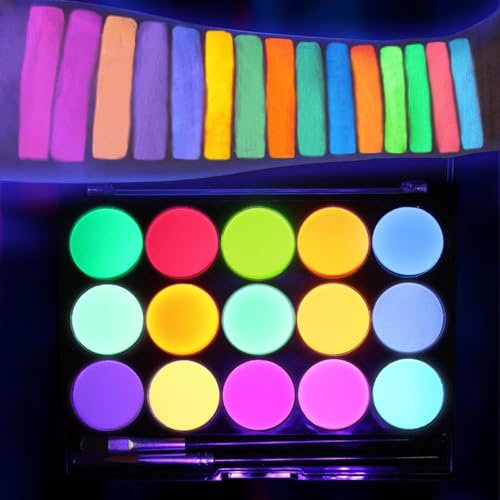 Halloween Kinderschminke Set, UV Face Paint Body Paint für Kinder und Erwachsene mit 15 Farben Schminkpalette, 2 Berufs Pinsel, 18 Tattoo-Vorlagen