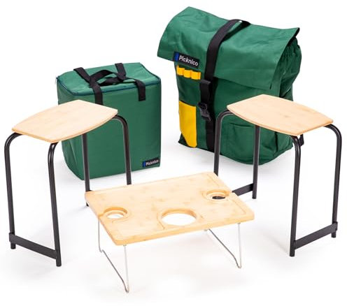 Picknico Picknick Tisch Set + Hocker Rucksack Kühltasche Camping Alu Bambus Holz