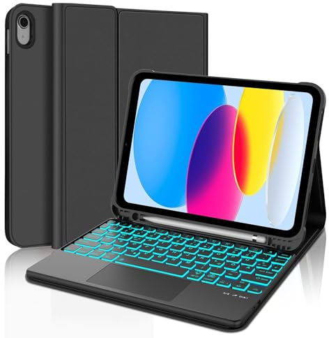 Tastatur Hülle Für iPad A16 11/10 Generation 2025/2022(11/10.9 Zoll), Hülle Mit Tastatur Für iPad 11/10 Generation, 7 Farben Beleuchtung, Bluetooth Magnetisch QWERTZ Layout, Schwarz-Trackpad