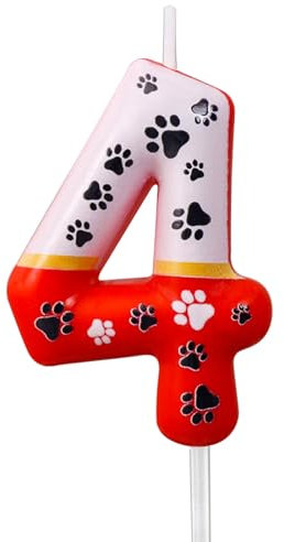 Zolunu Red Dog Paw Theme Birthday Candle & Cake Toppers - Number 4, Red White Dog Paw for Themed Birthday Party Decoration Supplies & Favors