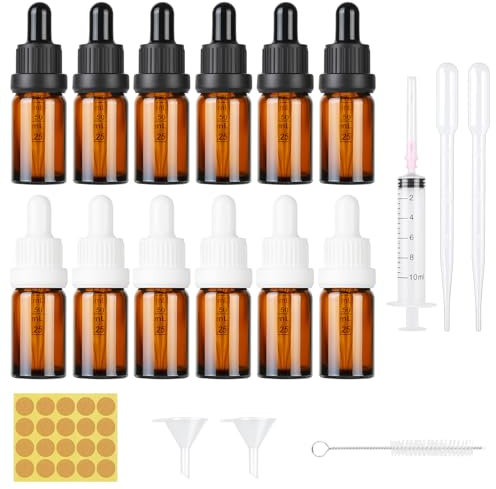 DONQL 12PCS 10ml Amber Brown Pipette Dropper Bottle with Syringe, Dropper Bottle for Essential Oils, Glass Dropper Bottles come with 2 Funnel & 20 Lables for Aromatherapy Blends, Liquids Reusable