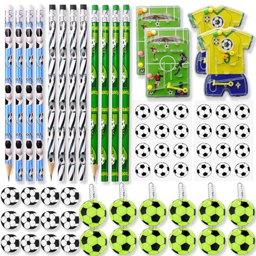 LXBCTOP 64 Pezzi Cancelleria A Tema Calcio, 12 Pezzi Matite Calcio, 12 Gomme Da Cancellare Da Calcio, 12 Pezzi Etichette Riflettenti Per Il Calcio, 4 Gioco Di Flipper Calcio, 24 Adesivi Per Il Calcio