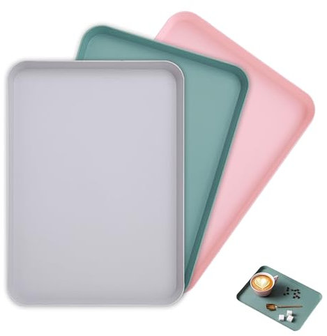3 Pack Plastic Serving Tray, Plastic Rectangular Reusable Trays, Serving Platters Dishes, BPA free Display Tray, Dinner Tray for Drinks Snacks Tea or Coffee (Pink, Blue, Gray)