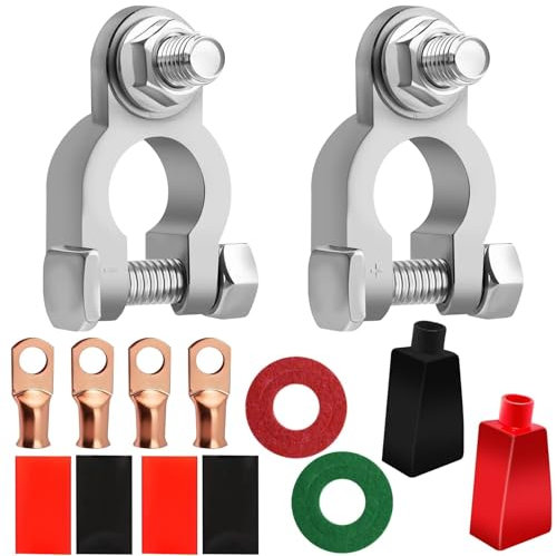 14 Pcs Car Battery Terminal Connectors Kit Positive Negative Heavy Duty Auto Marine with 4 Pcs 2 Gauge 3/8 Copper Lugs, 4 Heatshrink tubes, 2 Terminal Covers and 2 Anti Corrosion Washers