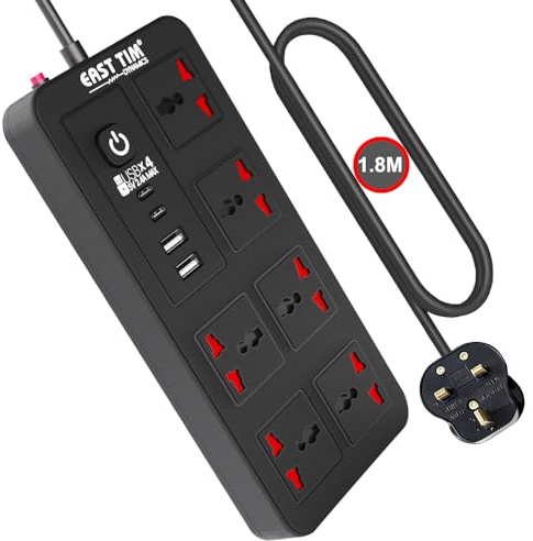 East Tim Black Square Extension Lead, 6-Gang Multi Plug Adapter with 2 Type-C & 2 USB Ports, 1.8M Copper Cable, UK Plug, 2500W High Power for Home & Office, Safety Shutters & Overload Protection