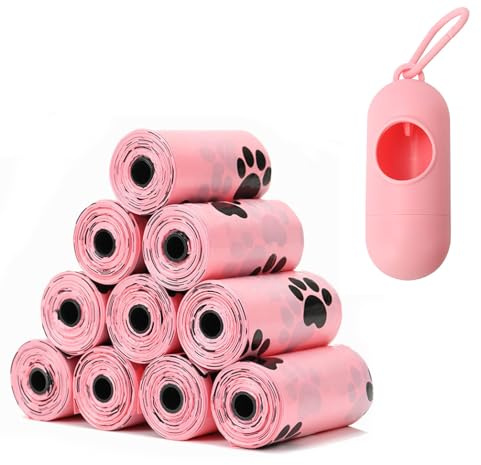 Biologisch abbaubare Hundekottbeutel mit tragbarem Spender Hundebeutel mit Duft – 10 Rollen (150 Beutel) 30 x 22 cm– Kompostierbar, Reißfest – Grün & Rosa