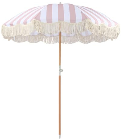 Fransen Sonnenschirm 200 cm Holz-Sonnenschirm Mit Quasten Marktschirm Gartenschirm Terrassenschirm Rund UV50+ Neigbar Kippbar Mit Tragetasche(Peach+White Stripes)
