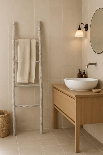 Biscottini Escalera toallero baño 168 x 36 x 3 – Escalera decorativa de madera – Escalera de madera para colgar toallas – Escalera toallero de bambú – Escalera toallero de pared de metal