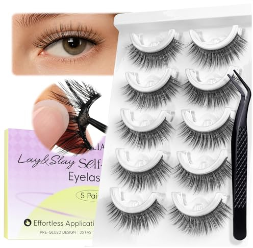BEYELIAN Self Adhesive Eyelashes Natural Look, Pre Glued Wispy False Lashes No Glue Required, Faux Mink Eyelashes 5 Pairs ZCV-204