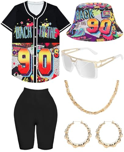 WILDPARTY Hip-Hop-Kostüm-Outfit für Damen, Baseball-Trikot, Yoga-Hose, Fischerhut, Goldkette, Rapper-Zubehör, 1990er-, 1980er-Jahre, Neon-Kleidung, Retro-Party-Muster, Größe XL