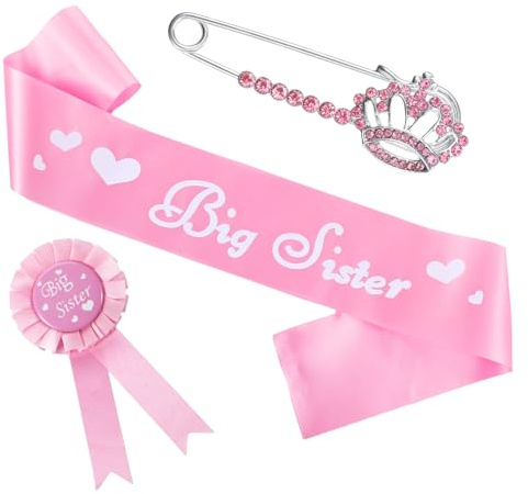 Heclia Große Schwester Geschenke für Mädchen, 3-teiliges Zubehör-Set mit Schärpe der großen Schwester, Anstecknadel und Blumenkranz für Babyparty, Party, Rosa, Mädchen-Zubehör-Set, Abschlussfeier