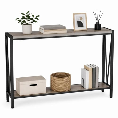 Mobeneno Console Table with Metal Frame, 2-Tier Narrow Long Sofa Table Shelf, Farmhouse Entryway Table for Living Room Hallway 110L x 25W x 76H cm