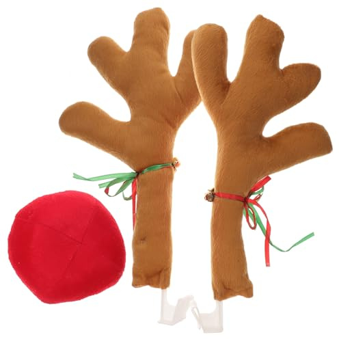SOPOTUTU Rentier Geweih Satz für Auto mit Roter Nase und Glocken Weihnachtsdeko für Fenster und Kühlergrill Robustes Material Enthält Bänder