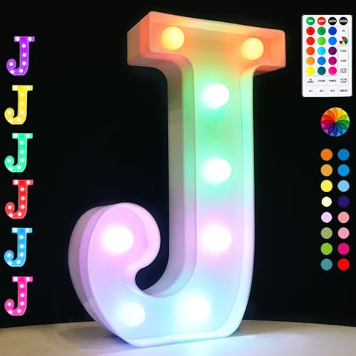 LED Buchstaben Lichter Alphabet, 18 Farblich Veränderbar Led Leuchtbuchstaben mit Fernbedienung Timer Nacht Lichter, Dekoration für Geburtstag Party Weihnachten Hochzeit Kinderzimmer - Buchstaben J