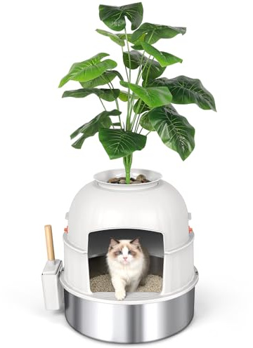 Bartuke Versteckte Katzentoilette mit künstlicher Pflanze, Edelstahl Katzenklo für große Katzen, inklusive Schaufel, Kieselsteinen, Geruchskontrolle, Anti-Klebe-Funktion, leicht zu reinigen (Beige)
