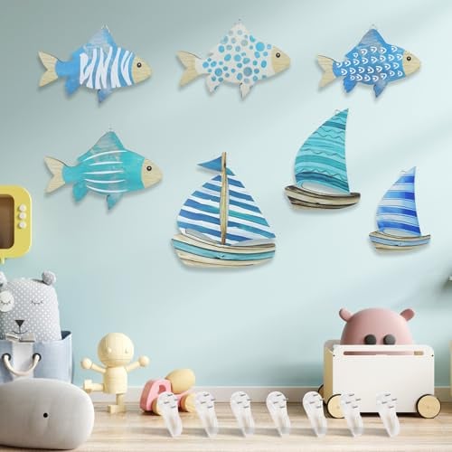 BITEFU 7 Stück Maritime Deko, Hölzern Wanddeko für Kreative Geschenke | für Wohnzimmer, Schlafzimmer, Bad, Flur Oder Ferienhaus In(3 Stk Segelschiff Deko/4 Stk Fisch Deko)