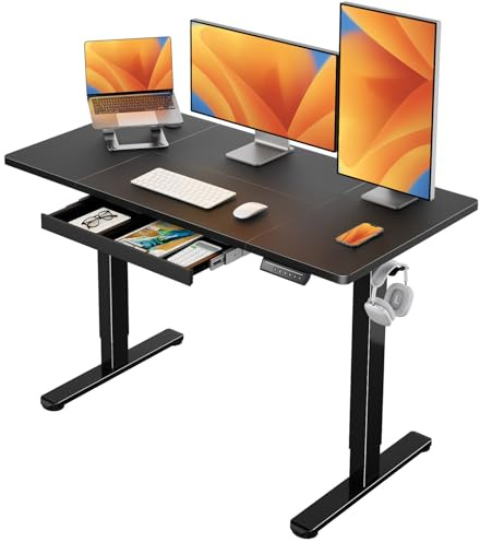 ErGear Höhenverstellbarer Schreibtisch mit Schublade, 140x80 cm, Schwarz | Schreibtisch Höhenverstellbar, 4-Speicher-Smartpanel, mehrteilige Platte, T-Fuß-Design, robust und standsicher.