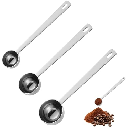 Pack of 3 Tablespoon Measuring Spoon, Stainless Steel Coffee Scoop with Long Handle, 5 ml 10 ml 15 ml Scoop for Powder, Teaspoon Measuring Spoons for Ground-Coffee, Loose Tea, Milk Brewin (Silver)