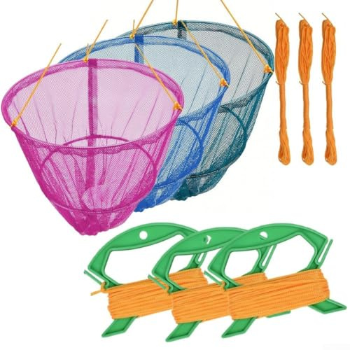 Filet de pêche portable avec sac d'appât, corde et poignée en ligne, piège de pêche pliable en fil d'acier pour crabes, homards, crevettes et écrevisses, plage et jetée (vert + bleu + rose)