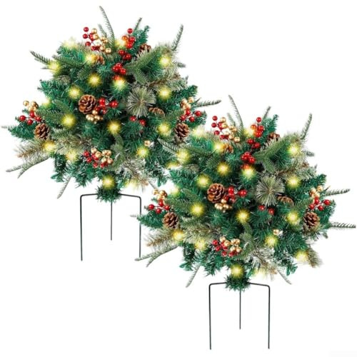 Lot de 2 buissons de plantes artificielles décoratives éclairées par LED pour porche extérieur, design résistant aux intempéries et éclairage lumineux économe en énergie (2 feuilles en polyéthylène)