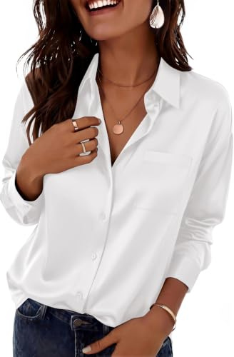 Zeagoo Women's Satin Blouse Long Sleeve Button Down Shirt Casual Office Top | V Neck Shirts | Elegant Blouses | Ladies Plain Shirt | Claasic Work Tops | Party Clothings | S-2XL