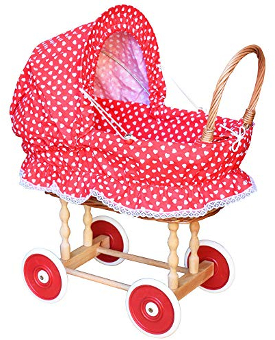 FORYOURPROTECTION Puppenwagen aus Weide Holz Weidenwagen Kinderwagen Weidenpuppenwagen Herzchen HR