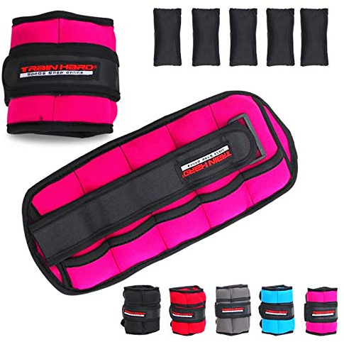 TrainHard 1 kg - 2.5 kg Verstellbare Gewichtsmanschetten mit 5 trennbare Gewichtstaschen für Hand- und Fußgelenke 2er Set - in 4 Varianten Gewichts and 5 Farben Laufgewichte (1 KG - Rosarot)