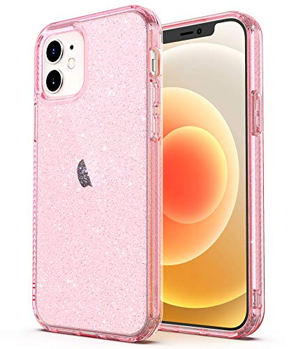 ULAK Compatible with iPhone 12 Pro Case Glitter Clear, iPhone 12 Soft TPU Anti-Scratch & Shockproof Transparent Protective Phone Case Compatible with iPhone 12/iPhone 12 Pro 6.1 Inch, Pink Glitter