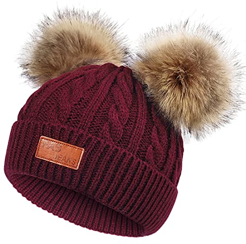 Yixda Unisex Baby Wintermütze Kinder Warm Ski Beanie Mütze Bommelmütze Strickmütze (Weinrot)