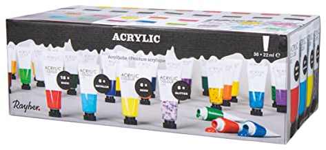 Rayher Acrylfarben-Set, 36 Farbtuben je 22 ml, Basis-/Glitter-/Metallic-/Neonfarben, für Einsteiger und Profikünstler, für viele Untergründe, schnell trocknend, wasserbasierend, lichtecht, 35045999, Bunt