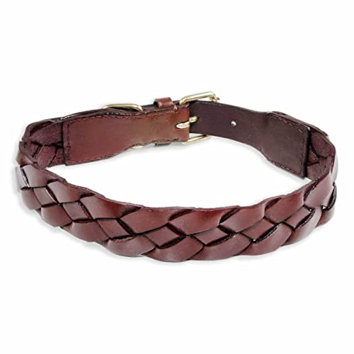 Monkimau Halsband Hund echt Leder Hunde Halsbänder braun breit geflochten Lederhalsband verstellbar Dog Collar Hundehalsband (S: 25mm x 45cm)