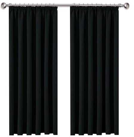 AMEHA Blackout Curtains for Bedroom - Pencil Pleat Black Curtains Living Room - Window Treatments Pair of Thermal Tape Top 66 x 54 Inch Drop Curtain Drapes with Tie Backs, Pair Panels