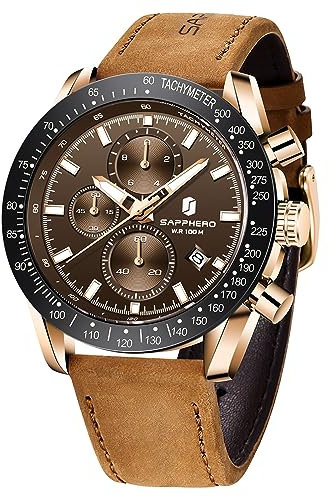 SAPPHERO Uhren Herren Chronograph herrenuhren Analogue Quartz Herren Business Sport 30M wasserdicht Armbanduhr für Uhr Lederband Elegantes Geschenk für männer