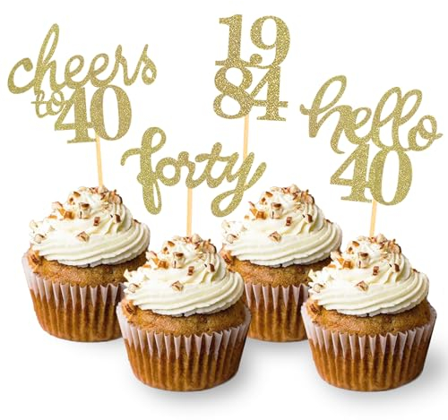 24 Stück Glitzer 40. Geburtstag Cupcake Topper, Geburtstagsdeko 40 von 1985 für Deko 40 Geburtstag, 40 Geburtstagsfeier Zubehör Party Dekoration Kuchendekoration (Gold)