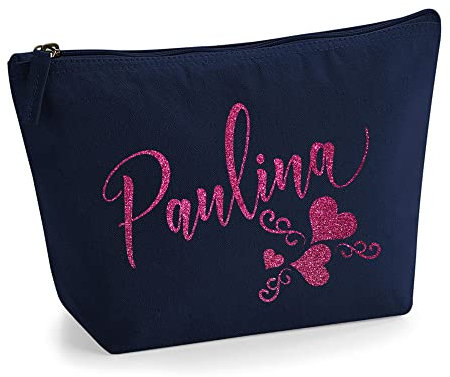 Personalisiert Name Initialen Text 3 Herz Wirbel Kosmetiktasche Damen Schminktasche für Handtasche Makeup Tasche - Glitter oder Flocke Material Druck - Rosa Glitzer - L | Marine Blau