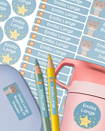 melu kids® Namensaufkleber Set für Kinder in der Schule (50 Stück) - Personalisierte Aufkleber mit Namen für Schulsachen - Wasserfest und in verschiedenen Größen - blau