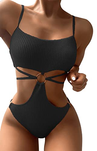 GORGLITTER Damen Badeanzug Cut-Out One Piece Swimwear Bügellos Spaghettiträger Einteilige Bademode mit Ring Schwarz XL