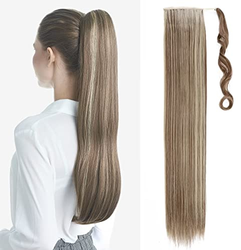 TESS Ponytail Extension Balayage 60 cm, Hellbraun mit Aschblond Glatt Zopf Extension Pferdeschwanz Haarteil 90g Lange Haarverlängerung Zopf