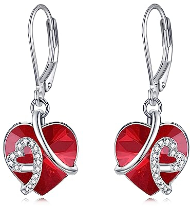 AOBOCO Herz Ohrringe Damen, 925 Sterling Silber Creolen baumeln mit Blau Kristallen, Geburtstag Geschenke für Frau Mutter… (Rot Leverback)