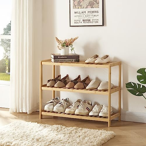 [en.casa] Zapatero Mueble Recibidor de 3 Niveles Estantería con 3 Estantes de Rejilla para 9 Pares de Calzados de Bambú Sostenible 55 x 68 x 27 cm - Natural