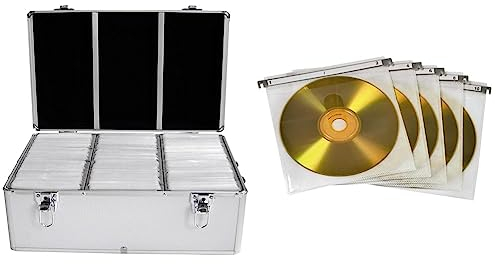 MediaRange Archivierungskoffer für 500 Discs, Aluminium-Optik, mit Einhängetaschen, Silber & Hama CD Doppel-Schutzhüllen (für 100 CDs/DVDs/Blu-rays, zur Befestigung in Hängeregistern) 50er-Pack, weiß