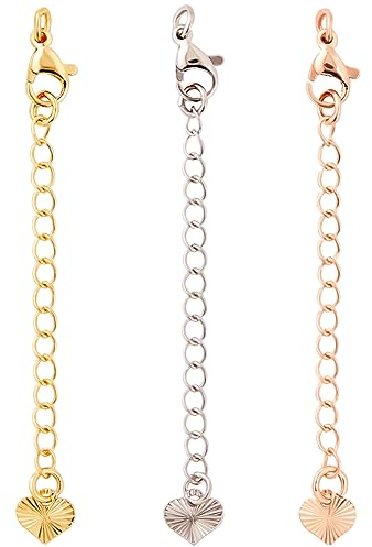 CREATCABIN 24 pz/Scatola 3 Colori Estensori per Collane e Bracciali Estensioni Catena in Ottone Placcato Oro 18K con Fermagli Ad Artiglio di Aragosta Linguette A Catena A Cuore Connettori per 6.5cm