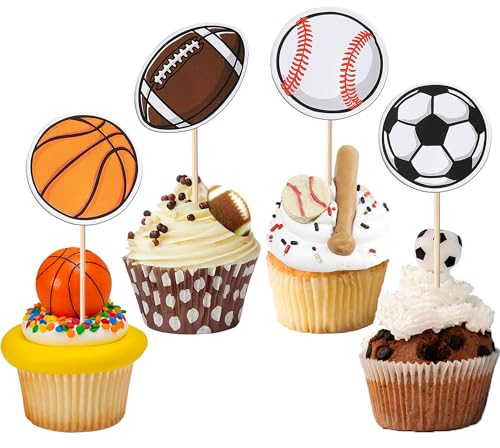 Rsstarxi 40 Pack Sports Cupcake Toppers Basketball Cupcake Toothpicks Soccer Ball Football Baseball Rugby Cake Decorations for Sports Ball Game Theme Baby Shower Birthday Party Decorations