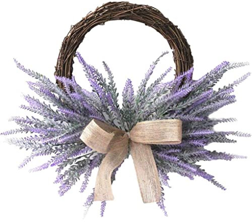 Artificial Lavender Wreath,Silk Lavender Wreath with Bow Artifical Flower Wreath for Front Door Window Wall Wedding Party Home Garden Decor,Purple 18 Inch