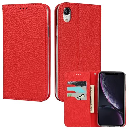 ELTEKER Hülle iPhone XR Handyhülle [Echtes Leder] Klapphülle mit Kartenfach,Schutzhülle Leder Hülle für iPhone XR-Rot