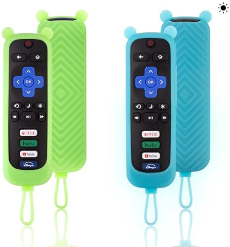 2 Pack Glow-in-the-Dark Silicone Remote Cover for Roku TV, Anti-Slip Case Compatible with Roku 2-4/Express/Premiere/Streaming Stick/Ultra RC280, Soft Grip Skin (Glow Green +Glow Blue)