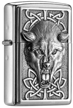 Zippo Benzinfeuerzeug 3D-Relief-Motiv Plakette Feuerwerk Sturmfeuerzeug Herren Geschenk (Wolf)